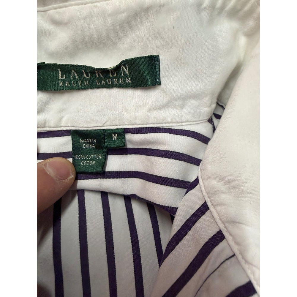 Lauren Ralph Lauren Navy White Striped Button Down Shirt Contrast Collar Cuff M - Picture 6 of 8